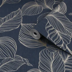 Boutique Royal Palm Sapphire Leaf Gold Effect Textured Wallpaper