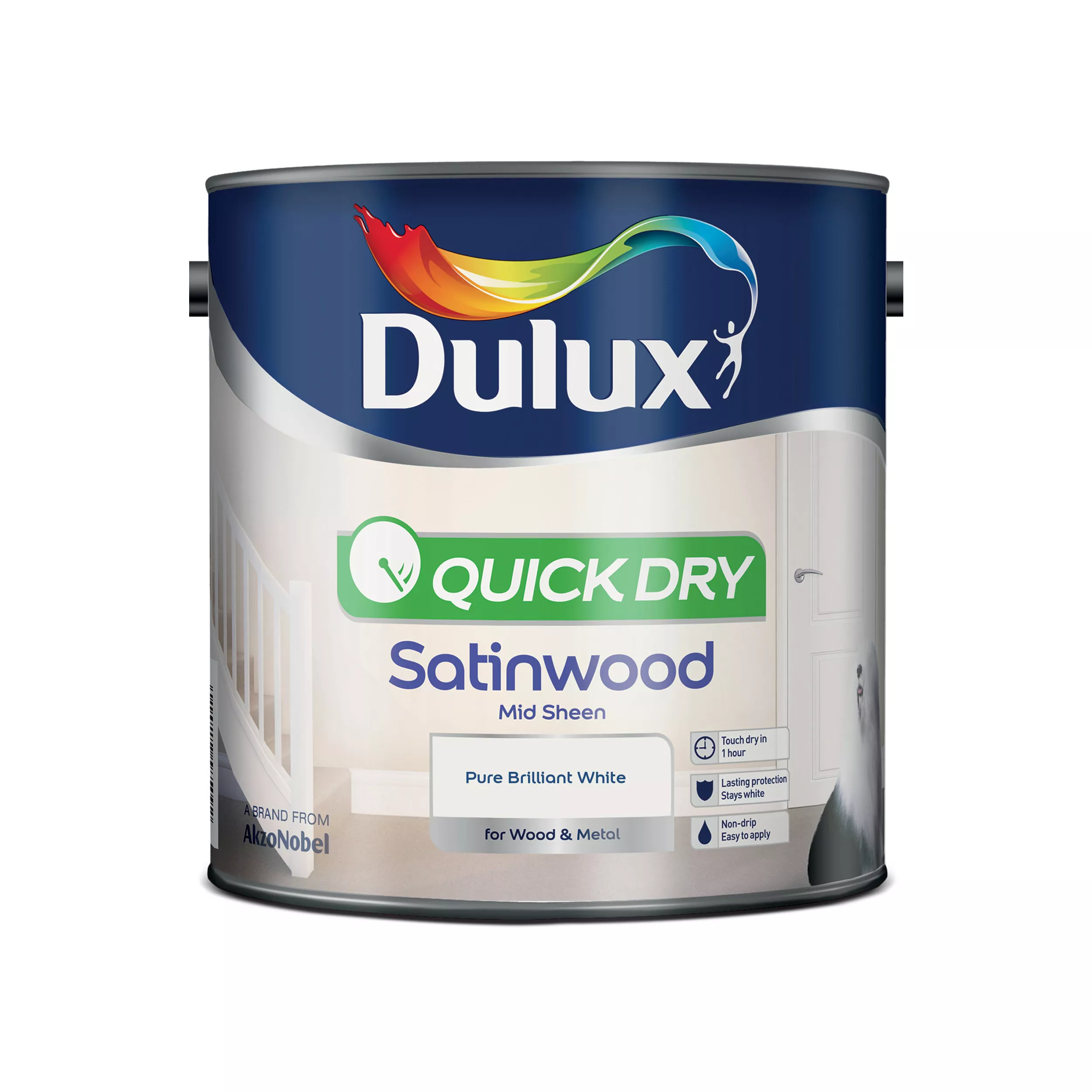 Dulux Quick Dry Pure Brilliant White Satinwood Metal & Wood Paint, 2.5L 4 Dulux Quick Dry Pure Brilliant White Satinwood Metal & Wood Paint, 2.5L - Image 2