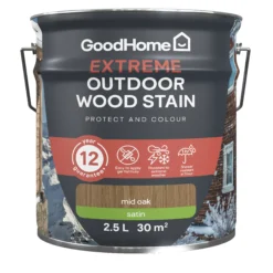 GoodHome Extreme Outdoor Mid Oak Satin Quick Dry Wood Stain, 2.5L -Paint Decoration goodhome extreme outdoor mid oak satin quick dry wood stain 2 5l5059340297538 02c