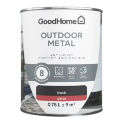 GoodHome Outdoor Black Gloss Exterior Metal Paint, 750ml Tin -Paint Decoration goodhome outdoor black gloss exterior metal paint 750ml tin5059340296029 02c