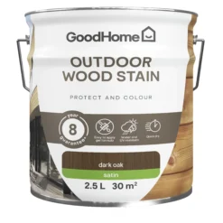 GoodHome Outdoor Dark Oak Satin Quick Dry Wood Stain, 2.5L -Paint Decoration goodhome outdoor dark oak satin quick dry wood stain 2 5l5059340297460 02c